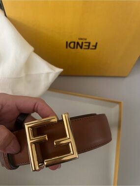 Fendi Brown Leather Belt with Gold FF Logo Buckle